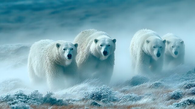 Polar Bear Family Playing on Arctic Ice,A mother polar bear and her two cubs on ice