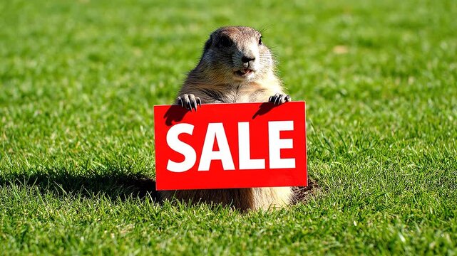 Prairie Dog Pops Up from Burrow Holding Red SALE Sign on Green Grass Field Discount Promotion Concept