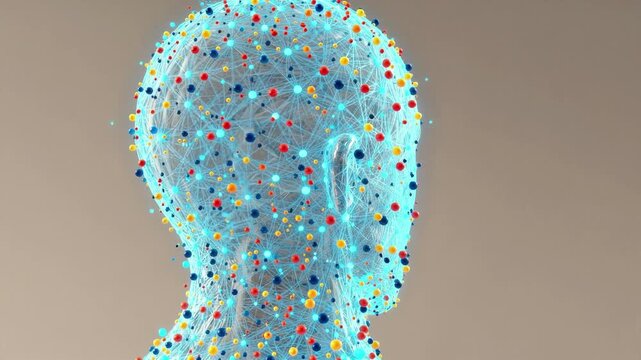 Abstract Human Head Made of Glowing Digital Network Lines in a Futuristic Studio Setting