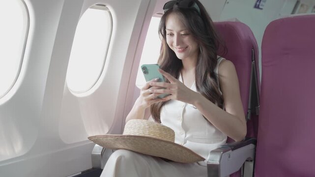 A businesswoman is making a phone call during a flight near the window, contacting a friend while traveling.