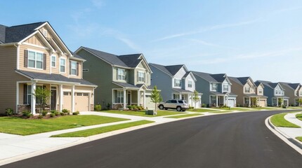 Obraz premium Suburban street lined with modern american houses under a clear blue sky showcasing neat lawns driveways and a parked car