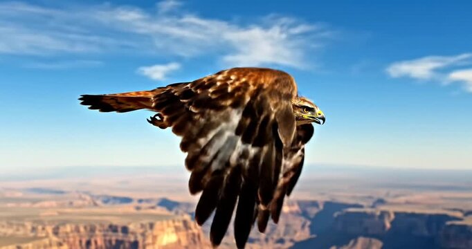Majestic hawk soaring above a vast canyon landscape under a clear blue sky