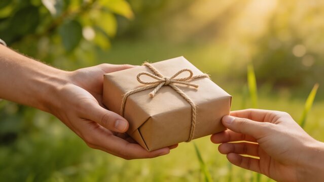 Hands exchanging a wrapped gift outdoors