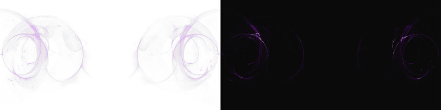 Abstract pink glowing light trails set, realistic ethereal neon curves and motion blur effect on white and black backgrounds