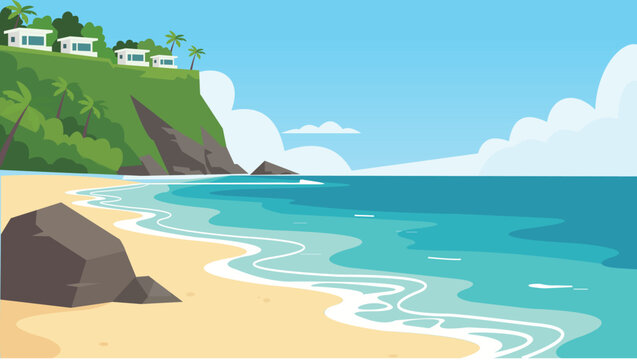 Long Shoreline Bali Beach Flat Design Illustration