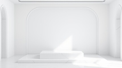 Fototapeta premium Minimalist interior. White room features stepped platform, arched doorways. Soft light creates dramatic shadow play. Clean aesthetic.