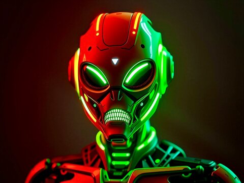 Robot head with green and red led lights in dark background shows futuristic design and technology concept