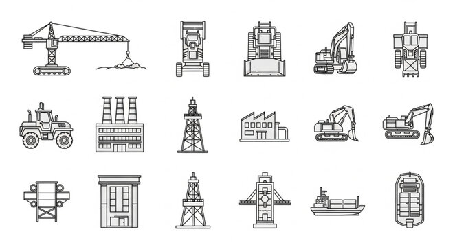 Collection of Hand Drawn Construction Equipment and Buildings Icons.