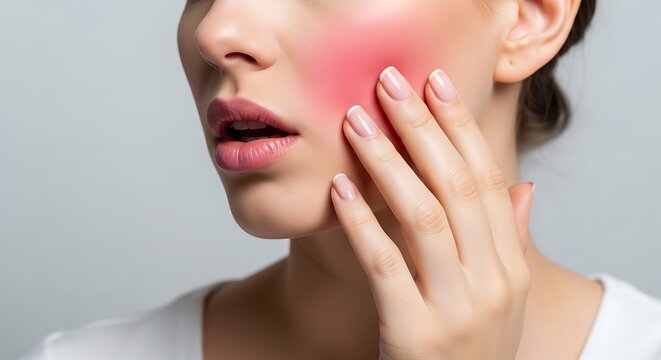 Woman touching red flushed cheek, feeling discomfort or pain