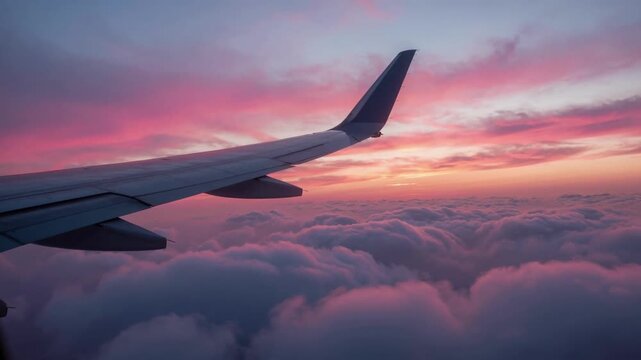Airplane Wing Flying Above a Sea of Clouds at Sunrise or Sunset Creating a Breathtaking Cinematic View