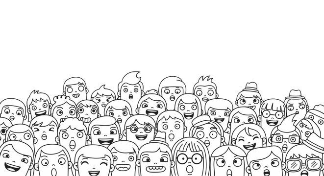 Diverse crowd of cartoon doodle faces expressing various emotions, black and white outline on isolated white background.