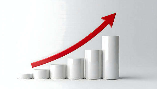 A white, ascending cylinder bar chart with a bold red arrow rocketing upwards. Commercial business visual for growth presentation, financial report, investment advertisement&corporate strategy concept
