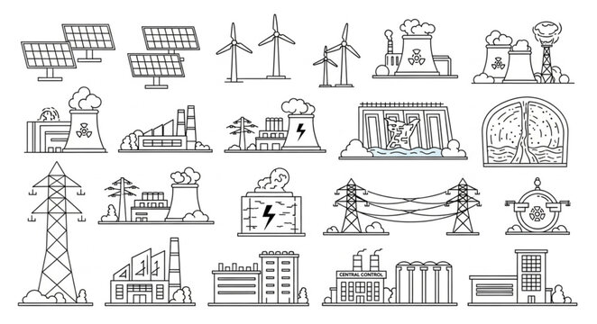 Collection of industrial energy generation and power plant illustrations.