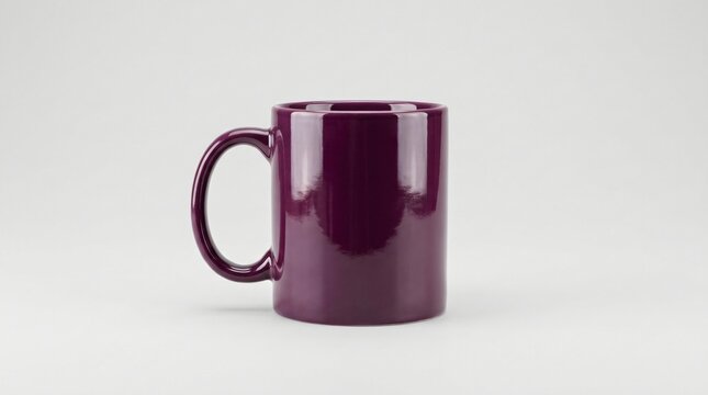 A glossy dark purple ceramic mug sits on a white surface with a handle on the left side in a plain studio setting for product photography purposes with mug and cup and table and studio and equipment