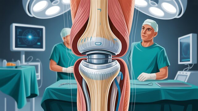 Knee joint replacement surgery medical illustration with surgeons in operating room