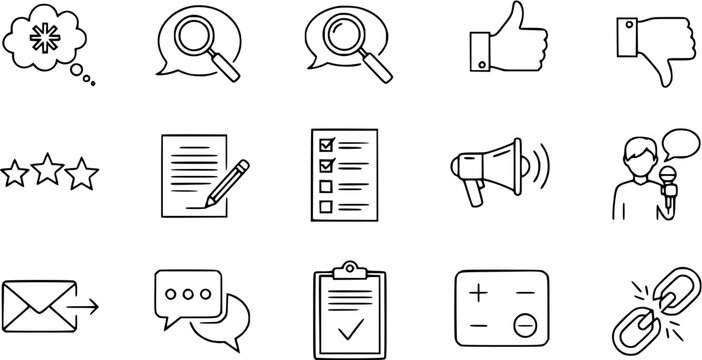 Set of Black and White Line Art Icons for Marketing and Communication - Social Media, Feedback, and Analytics