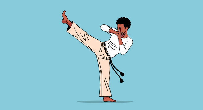 Man practicing capoeira martial art dance. Dynamic kick training and self-defense concept. Simple vector illustration for poster, banner