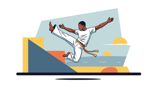 Man performing a capoeira kick. Combat sport, martial art, dance, and acrobatics dynamic concept. Vector illustration for web, poster, banner