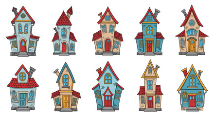 Fototapeta premium Set of creepy haunted house building in cartoon style for Halloween theme. Scary spooky mansion facade decor element. Vector illustration for design