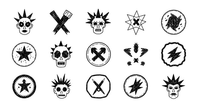 Punk rock and skull icon set with grunge texture. Music subculture symbol collection. Hand drawn vector illustration for apparel design