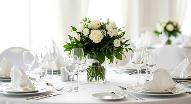 Elegant table setting with floral centerpiece and glassware