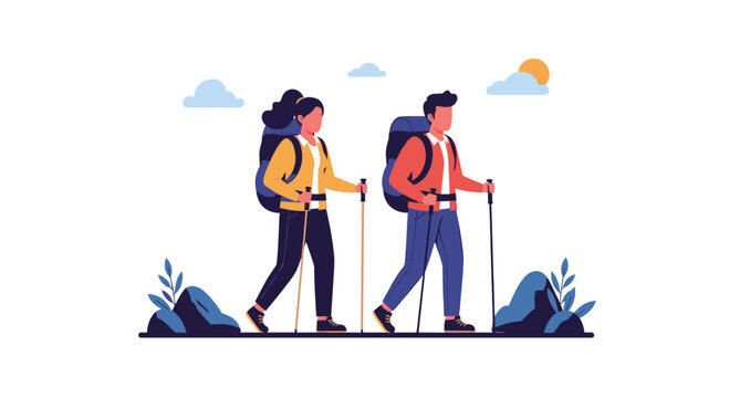 Woman and man backpackers trekking with mountain sticks. Nature exploration hiking adventure. Flat vector illustration for tourism travel journey design
