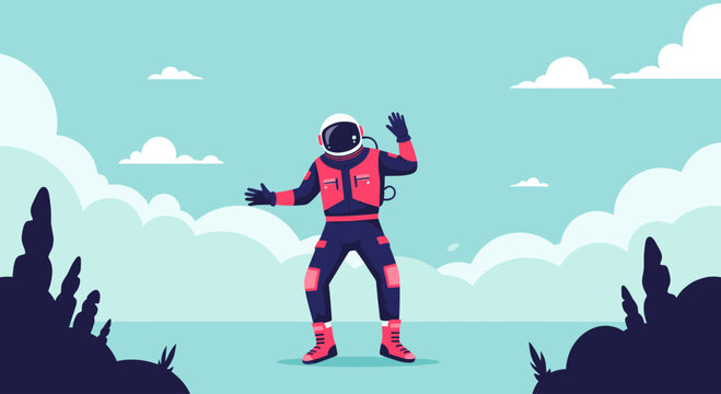 Spaceman floating in outer space or on a planet with a cloudy sky. Astronomy and exploration concept. Vector illustration for design, banner