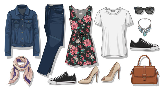 Woman casual spring summer fashion clothing set with dress, jeans, t-shirt and accessories for style guide concept vector illustration