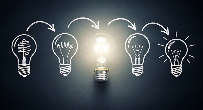 Idea generation process with light bulbs and arrows on dark background