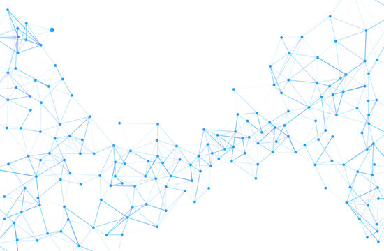 Modern digital abstract background featuring a dynamic wavelike pattern of blue nodes and connections, symbolizing technology, data, global communication, and futuristic concepts.