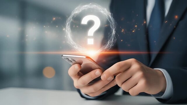 Businessman Holding Smartphone with Glowing Question Mark Icon
