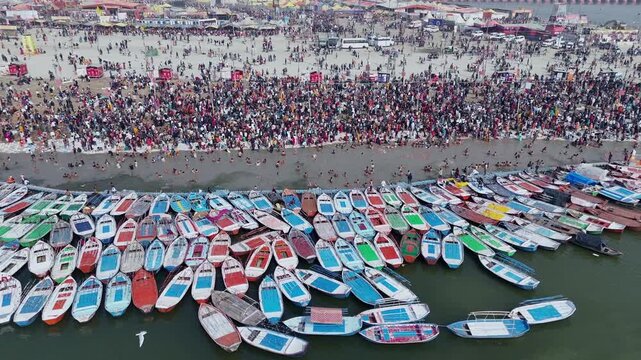 Aerial View of Maha Kumbh Mela Crowd at Sangam in Prayagraj India