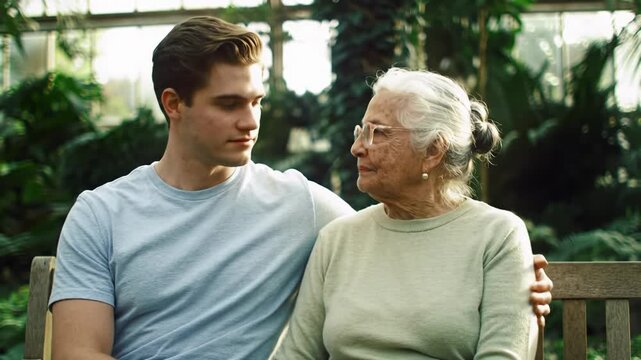 A young adult and elder in muted attire sit on a rustic bench in a sun-dappled botanical garden. Gentle dolly video reveals clasped hands with bokeh. Concept of intergenerational bond and care