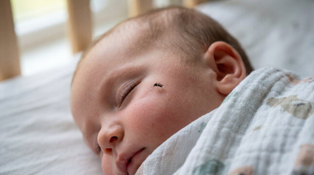 Sleeping newborn baby with mosquito on cheek in close up highlighting insect bite risk home safety infant protection pest control health concern parenting awareness summer disease prevention concept
