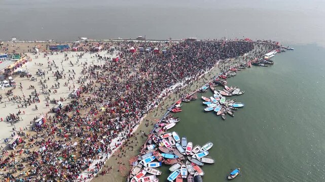 Aerial View of Maha Kumbh Mela Crowd at Sangam in Prayagraj India
