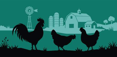 Farm chicken silhouette scene, rooster hens with barn windmill countryside background, rural poultry vector illustration for stock design © VectoBloom