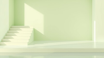 Obraz premium Minimalist interior. Soft pastel colors, geometric shapes, light creates shadows. Clean lines define space, simple staircase present.