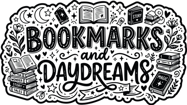 Doodle style vector design of bookmarks and daydreams featuring books and magic