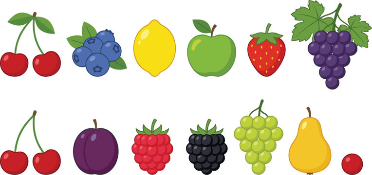 Colorful fruit vector icon set featuring cherry blueberry lemon apple strawberry grape raspberry plum pear blackberry.