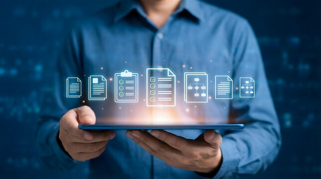 A professional holds a digital tablet displaying illuminated document management icons symbolizing modern business data organization