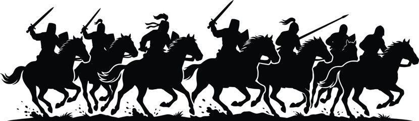 Medieval cavalry warriors charging on horseback, black silhouette army with swords, dynamic battle scene illustration for stock design art concept © VectoBloom