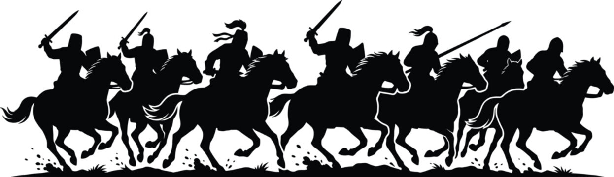Medieval cavalry warriors charging on horseback, black silhouette army with swords, dynamic battle scene illustration for stock design art concept