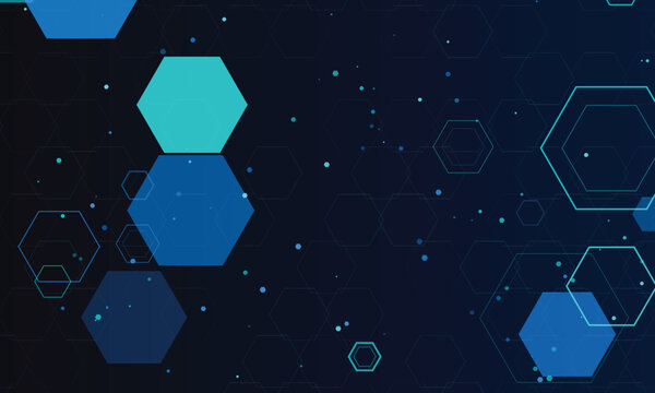 Dark blue background with overlapping teal and blue hexagons and small dots geometric abstract