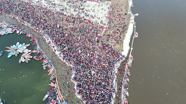 Aerial View of Maha Kumbh Mela Crowd at Sangam in Prayagraj India