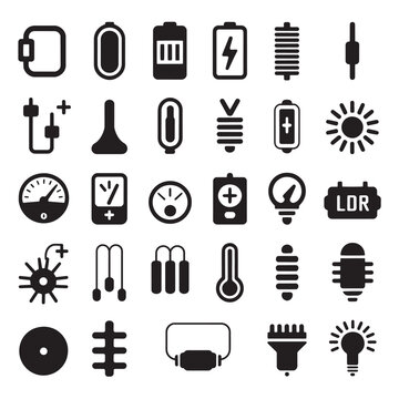 Collection of electronic component icons for science and technology projects, including batteries and meters.