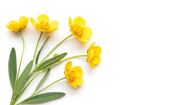 Delicate yellow buttercup flowers with green stems and leaves isolated on white background, buttercups