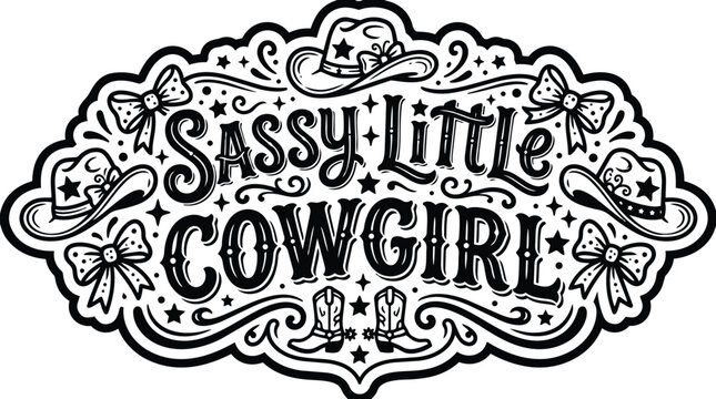 Sassy little cowgirl vector label with hats bows stars and boots in ornate frame