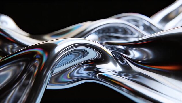 Abstract silver metal wave with dynamic particles on black background, glossy flowing metallic form, reflective curve, chrome fluid shine, rainbow reflection, smooth motion, futuristic particle art