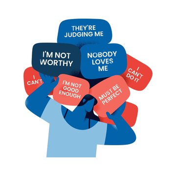 Character with negative thoughts mental health concept. Modern flat illustration of woman holding speech bubbles with negative words