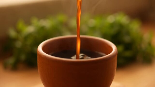 A stream of dark liquid pours into a terracotta cup, with blurred greenery behind